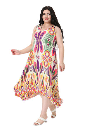 Melsay Butik Ekru Yeşil Desenli Askılı V Yaka Elbise