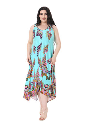 Melsay Butik Turkuaz Renkli Şal Desenli Askılı V Yaka Elbise