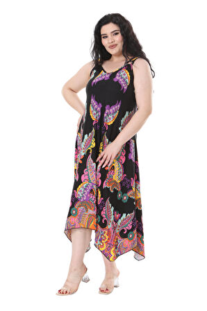 Melsay Butik Siyah Renkli Şal Desenli Askılı V Yaka Elbise