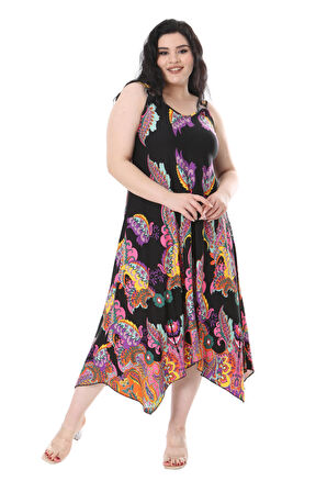Melsay Butik Siyah Renkli Şal Desenli Askılı V Yaka Elbise