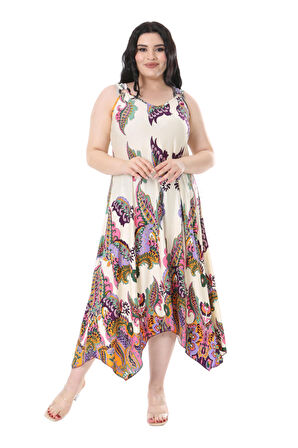 Melsay Butik Ekru Renkli Şal Desenli Askılı V Yaka Elbise