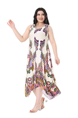 Melsay Butik Ekru Renkli Şal Desenli Askılı V Yaka Elbise