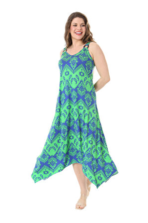 Melsay Butik Yeşil Mavi Baklava Desen Askılı V Yaka Elbise