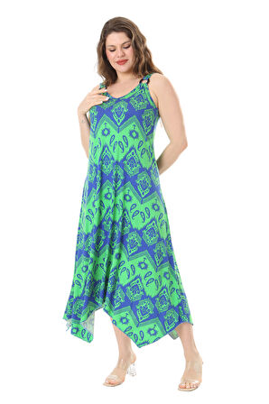 Melsay Butik Yeşil Mavi Baklava Desen Askılı V Yaka Elbise