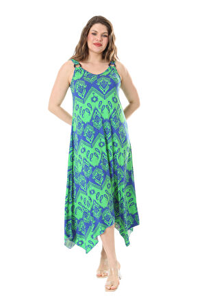 Melsay Butik Yeşil Mavi Baklava Desen Askılı V Yaka Elbise