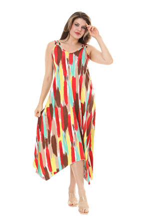 Melsay Butik Sarı Yağlıboya Desen Askılı V Yaka Elbise