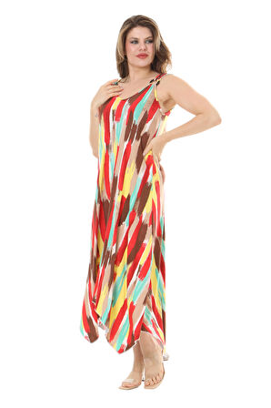 Melsay Butik Sarı Yağlıboya Desen Askılı V Yaka Elbise