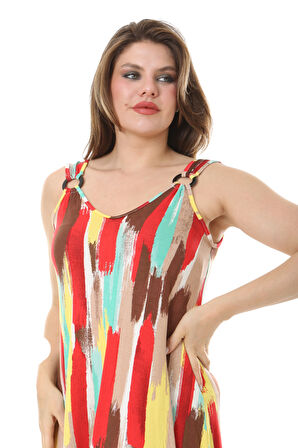 Melsay Butik Sarı Yağlıboya Desen Askılı V Yaka Elbise