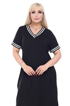 Melsay Butik Siyah Yakası Şeritli V Yaka Midi Elbise