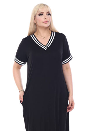 Melsay Butik Siyah Yakası Şeritli V Yaka Midi Elbise