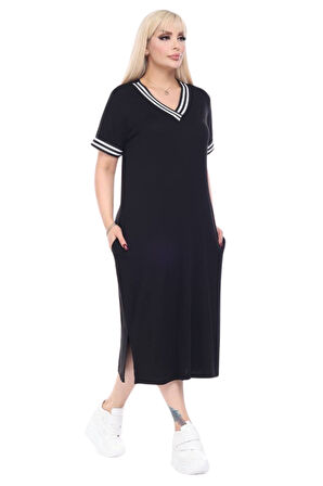 Melsay Butik Siyah Yakası Şeritli V Yaka Midi Elbise