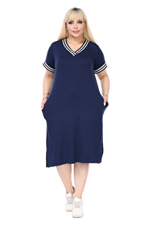 Melsay Butik Lacivert Yakası Şeritli V Yaka Midi Elbise
