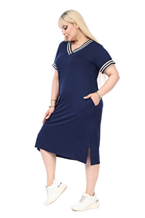 Melsay Butik Lacivert Yakası Şeritli V Yaka Midi Elbise