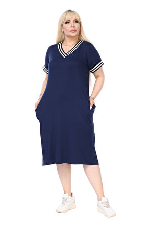 Melsay Butik Lacivert Yakası Şeritli V Yaka Midi Elbise