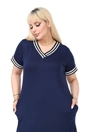 Melsay Butik Lacivert Yakası Şeritli V Yaka Midi Elbise