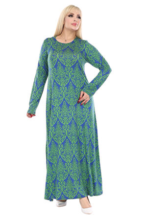 Melsay Butik Yeşil Dantel Desen Uzun Kollu Kadın Tesettür Elbise