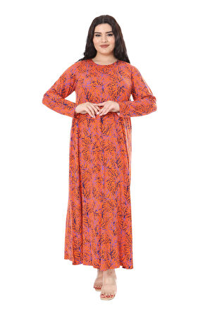 Melsay Butik Turuncu İnce Mercan Desen Uzun Kollu Kadın Elbise