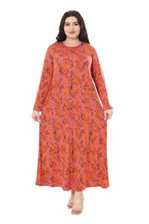 Melsay Butik Turuncu İnce Mercan Desen Uzun Kollu Kadın Elbise