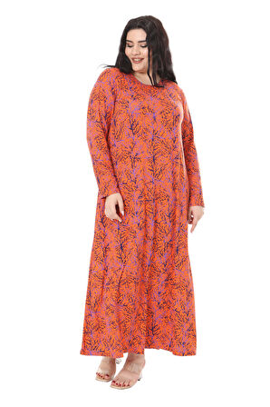 Melsay Butik Turuncu İnce Mercan Desen Uzun Kollu Kadın Elbise