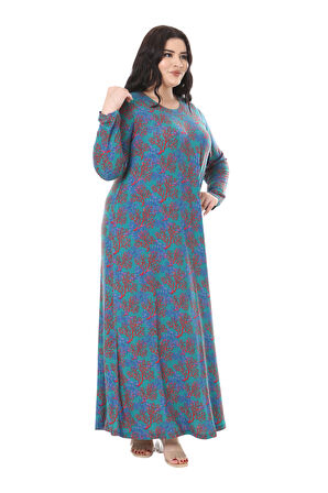 Melsay Butik Mavi Kırmızı Mercan Desen Uzun Kollu Kadın Elbise