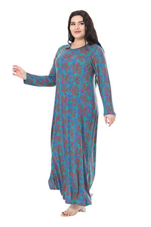 Melsay Butik Mavi Kırmızı Mercan Desen Uzun Kollu Kadın Elbise