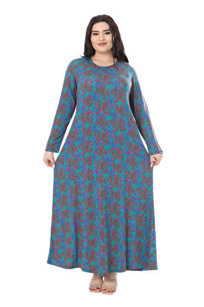 Melsay Butik Mavi Kırmızı Mercan Desen Uzun Kollu Kadın Elbise