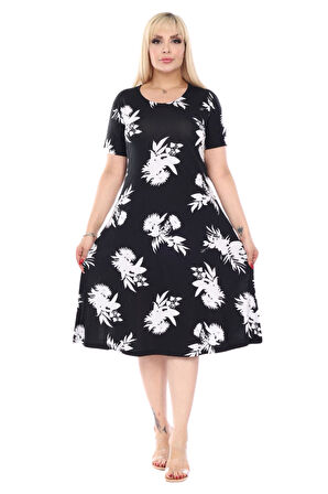 Melsay Butik Siyah Beyaz Yaprak Desen Kısa Kollu Büyük Beden Midi Elbise