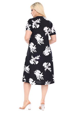 Melsay Butik Siyah Beyaz Yaprak Desen Kısa Kollu Büyük Beden Midi Elbise