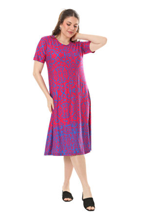 Melsay Butik Pembe Kilim Desen Kısa Kollu Büyük Beden Midi Elbise
