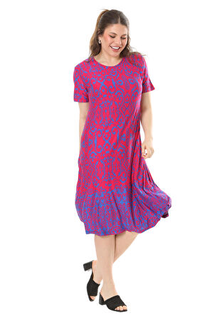 Melsay Butik Pembe Kilim Desen Kısa Kollu Büyük Beden Midi Elbise