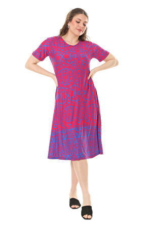 Melsay Butik Pembe Kilim Desen Kısa Kollu Büyük Beden Midi Elbise