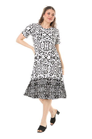 Melsay Butik Beyaz Kilim Desen Kısa Kollu Büyük Beden Midi Elbise