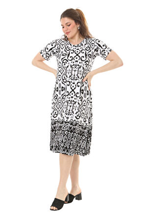 Melsay Butik Beyaz Kilim Desen Kısa Kollu Büyük Beden Midi Elbise