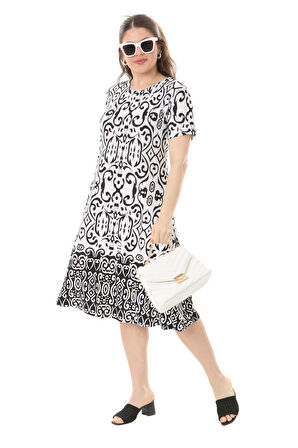 Melsay Butik Beyaz Kilim Desen Kısa Kollu Büyük Beden Midi Elbise