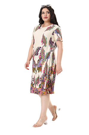 Melsay Butik Ekru Şal Desen Kısa Kollu Büyük Beden Midi Elbise