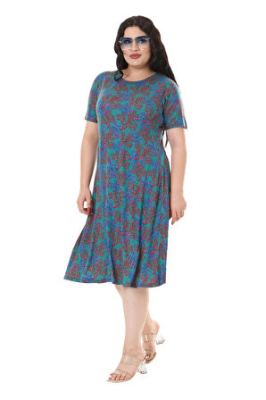 Melsay Butik Mavi Kırmızı Mercan Desen Kısa Kollu Midi Elbise