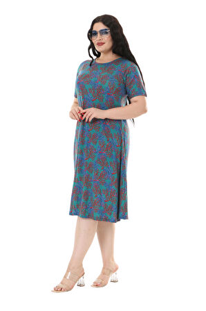 Melsay Butik Mavi Kırmızı Mercan Desen Kısa Kollu Midi Elbise