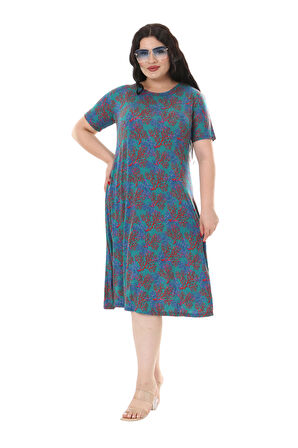 Melsay Butik Mavi Kırmızı Mercan Desen Kısa Kollu Midi Elbise