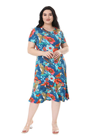 Melsay Butik Mavi Afrika Desen Kısa Kollu Midi Elbise