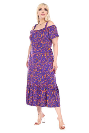 Melsay Mor Çiçek Desen Madonna Yaka Askılı Midi Elbise