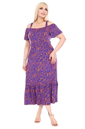 Melsay Mor Çiçek Desen Madonna Yaka Askılı Midi Elbise