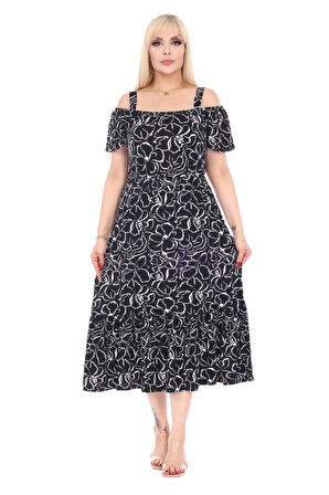 Melsay Siyah Çiçek Desen Madonna Yaka Askılı Midi Elbise