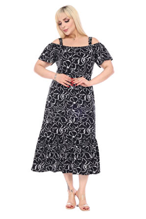 Melsay Siyah Çiçek Desen Madonna Yaka Askılı Midi Elbise
