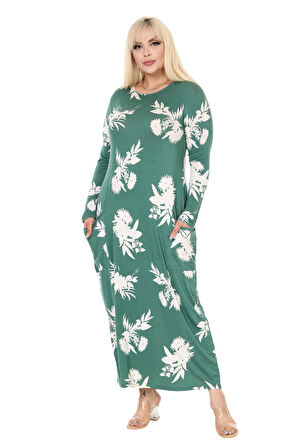 Melsay Butik Yeşil Beyaz Yaprak Desen Uzun Kollu Cepli Uzun Elbise