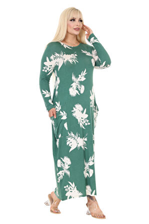 Melsay Butik Yeşil Beyaz Yaprak Desen Uzun Kollu Cepli Uzun Elbise