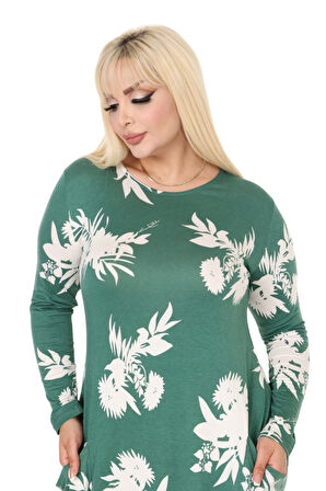 Melsay Butik Yeşil Beyaz Yaprak Desen Uzun Kollu Cepli Uzun Elbise