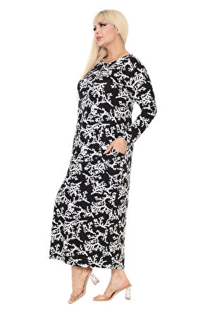 Melsay Butik Beyaz Mercan Desen Uzun Kollu Cepli Uzun Elbise