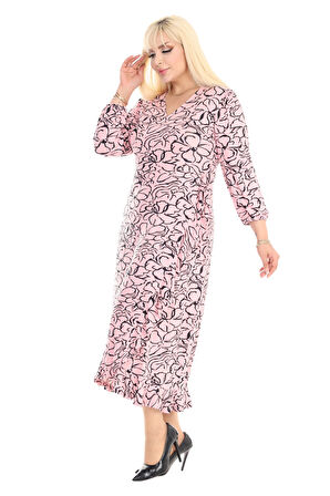 Melsay Butik Kruvaze Yaka Vizon Çiçek Desen Anvelop Etek Midi Elbise