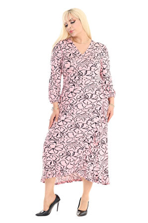 Melsay Butik Kruvaze Yaka Vizon Çiçek Desen Anvelop Etek Midi Elbise