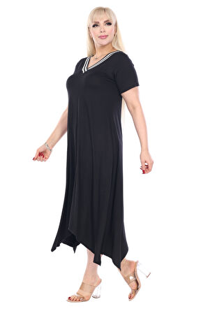 Melsay Butik Siyah V Yaka Yakası Şeritli Asimetrik Kısa Kollu Elbise